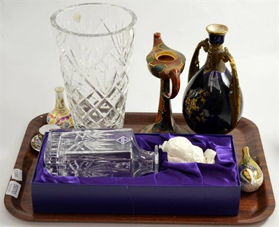 Lot 5070 - A Waterford crystal vase, an Edinburgh crystal decanter, a Crown Derby paperweight, an oil lamp and