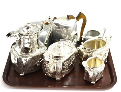 Lot 5073 - Aesthetic movement four piece plated tea set and a Picquot ware three piece tea set