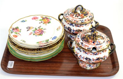 Lot 5080 - Seven assorted 19th century English porcelain dessert plates and a pair of ironstone sauce tureens