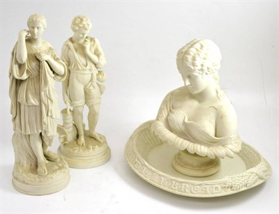 Lot 5087 - A Parian bust, a Parian bread plate and a pair of Parian figures