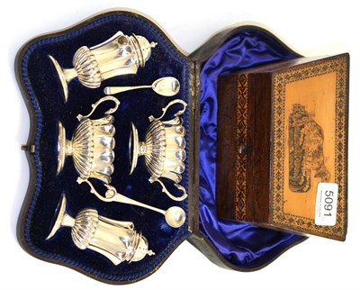 Lot 5091 - A Tunbridgeware stationery casket decorated with a dog and a silver four piece cruet set