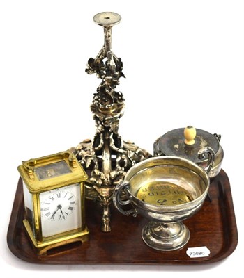 Lot 5093 - A Christofle silver plated candlestick, a brass carriage clock, a badge inscribed ";WHC,...