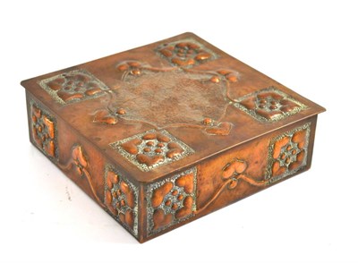 Lot 5099 - An Arts & Crafts copper box embossed with stylised hearts in matted ground panels