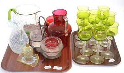 Lot 5107 - Two trays of glass including a Vaseline ewer, ten wine glasses, etc