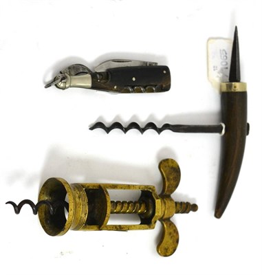 Lot 5128 - A Butler's Mate corkscrew in horn, nickel and steel modelled as a bottle; a brass 'Wingnut'...