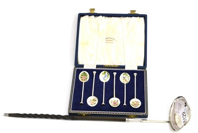 Lot 5129 - A cased set of silver and enamel spoons and a silver ladle