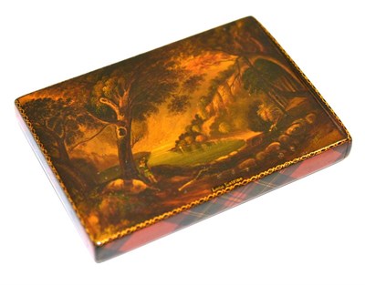 Lot 5142 - A 19th century Tartanware card case, painted with a view of Loch Katrine