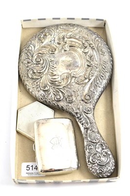 Lot 5143 - A silver cigarette case, compact and a dressing table hand mirror (3)