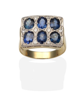 Lot 328 - A Sapphire and Diamond Plaque Ring, six oval cut sapphires in white milgrain settings with...