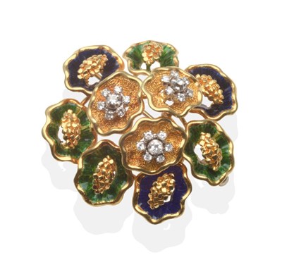 Lot 351 - An Italian Diamond and Enamel Brooch, three clusters of round brilliant cut diamonds in white...