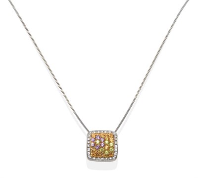 Lot 352 - A Multi-Coloured Sapphire, Peridot and Diamond Pendant, a square barrel pendant pavé set with...