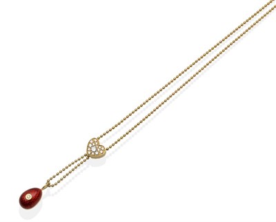 Lot 361 - An 18 Carat Gold Limited Edition Faberge Diamond and Red Enamel Egg Pendant Necklace, a red...