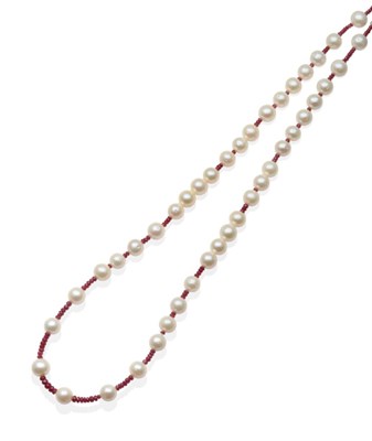 Lot 362 - A Ruby and Cultured Pearl Necklace, faceted ruby beads spaced at intervals by cultured pearls, to a