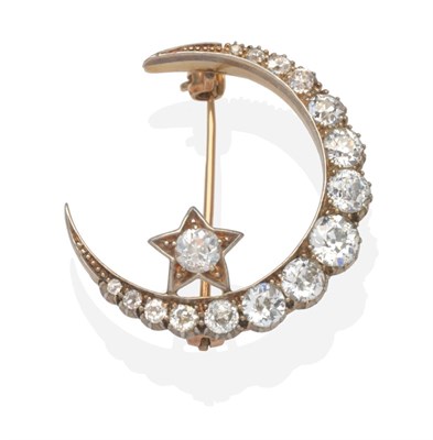 Lot 381 - A Victorian Star and Crescent Brooch, an old cut diamond in a white star setting to a crescent...