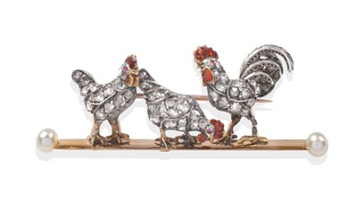 Lot 383 - A Victorian Diamond, Pearl and Enamel Cockerel and Hen Brooch, modelled as a cockerel and two hens