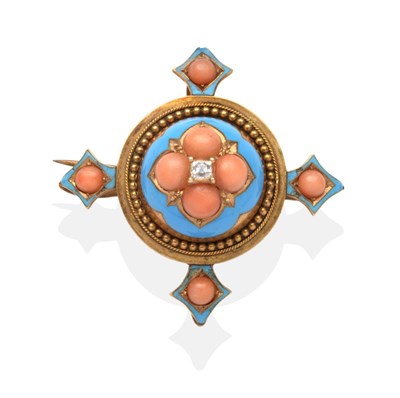 Lot 390 - A Victorian Coral, Diamond and Blue Enamel Brooch, a domed centre set with an old cut diamond...