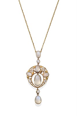 Lot 394 - An Arts & Crafts Moonstone Necklace, a pierced oval shaped pendant with oval and round cabochon...