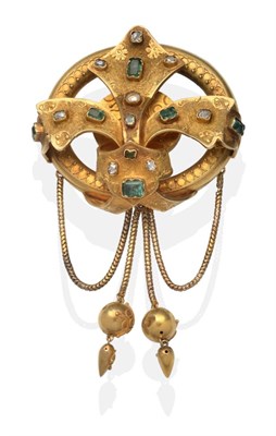 Lot 398 - An Emerald and Diamond Brooch, a central fleur-de-lis with chased floral decoration and set...