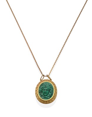 Lot 403 - A Victorian Carved Malachite Cameo Pendant, Depicting the Medusa Rondanini, the oval cameo...