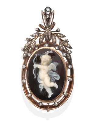 Lot 408 - An Onyx and Diamond Cameo Brooch/Pendant, an oval onyx cameo depicting the figure of Cupid,...