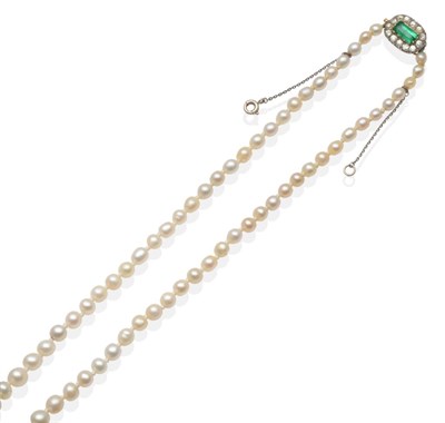 Lot 416 - A Pearl Necklace with an Emerald and Diamond Set Clasp, a strand of graduated pearls knotted to...