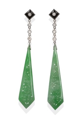 Lot 421 - A Pair of Art Deco Jade, Diamond and Onyx Earrings, a kite shaped onyx inset with a round brilliant