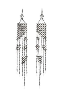 Lot 423 - A Pair of Diamond Mesh Earrings, a round brilliant cut diamond stud suspends a mesh link drop...