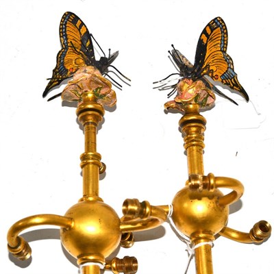 Lot 13 - Pair of brass three branch light fitting mounts with adjustable column surmounted by a...