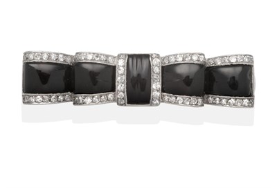 Lot 424 - An Art Deco Onyx and Diamond Bow Brooch, carved onyx within a border of eight-cut diamonds in white