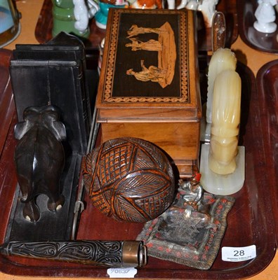 Lot 28 - A pair of ebonised elephant bookends, a Sorrento souvenir box and other collector's items