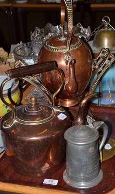 Lot 29 - Copper oval kettle on stand, copper kettle, Richmond Round Table tankard 1957 and sundry