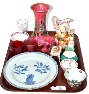 Lot 30 - A tray of assorted ceramics including an 18th century Chinese blue and white plate with unusual...