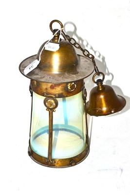 Lot 34 - An Arts & Crafts vaseline glass and brass hanging lantern