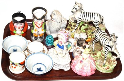 Lot 51 - Pair of Staffordshire zebra figures, miniature standing Staffordshire dogs, miniature Doulton...