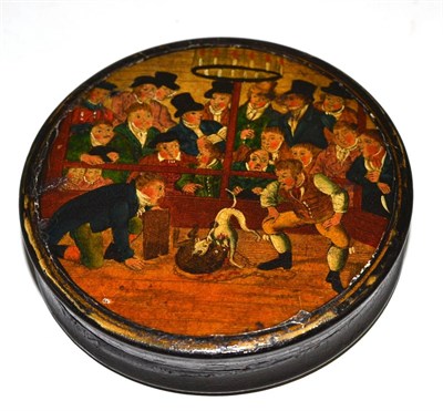 Lot 55 - A 19th century papier mache snuff box, the cover decorated with a transfer and painted dog fighting
