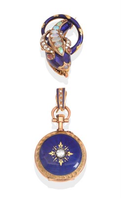 Lot 433 - A Victorian Lady's Diamond, Opal, Ruby and Blue Guilloche Enamel Serpent Brooch Fob Watch,...