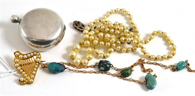 Lot 67 - A seed pearl set harp brooch, a turquoise necklace (a.f.), sovereign holder and a simulated...