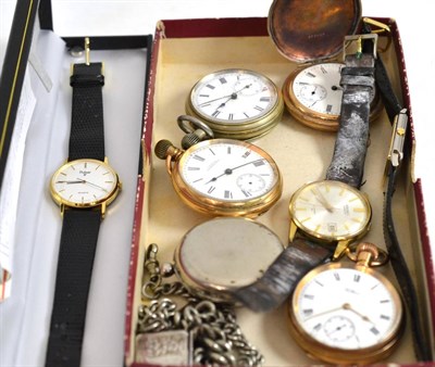 Lot 74 - Four pocket watches, three wristwatches, plate watch chain and a stamp holder