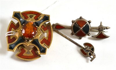 Lot 80 - A Victorian hardstone set brooch, another and a stick pin (3)