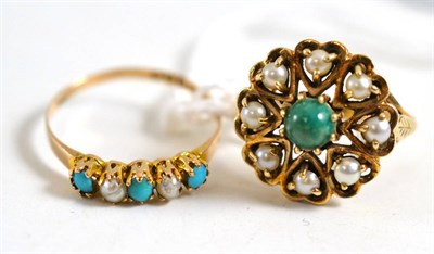 Lot 81 - A 9ct gold turquoise and pearl ring and a 9ct gold cluster ring