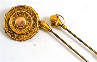 Lot 90 - A 9ct gold hat pin by Charles Horner, a second hat pin and a brooch (3)