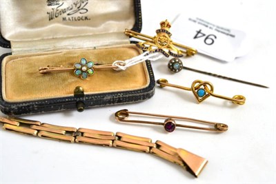 Lot 94 - A seed pearl and opal bar brooch, cased, assorted brooches and pins and a watch bracelet
