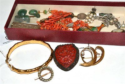 Lot 96 - A 9ct rolled gold hinged bracelet, silver ingot, pair of coral drop earrings, pair of jade drop...