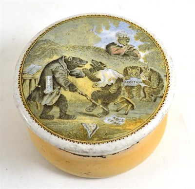 Lot 111 - A Pratt ware grease pot and cover, printed with bears