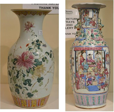 Lot 131 - A Chinese export porcelain baluster vase, decorated in famille rose enamels with warriors on...