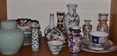 Lot 135 - Two Cantonese vases, a celadon vase, two Imari vases, various Japanese and Chinese bowls and plates