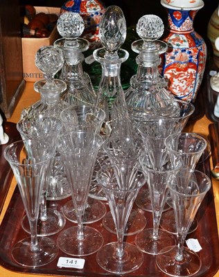 Lot 141 - Pair of cut glass decanters and stoppers, two others, three plated spirit labels and ale glasses