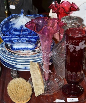 Lot 154 - Epergne, two spill vases, blue and white pottery and glassware etc