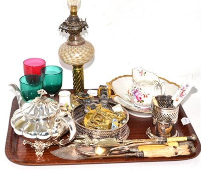 Lot 179 - Tray including miniature oil lamp, plated wares, collectable china, glassware etc