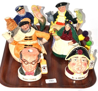 Lot 180 - Four Royal Doulton character teapots and two Royal Doulton character whisky flasks